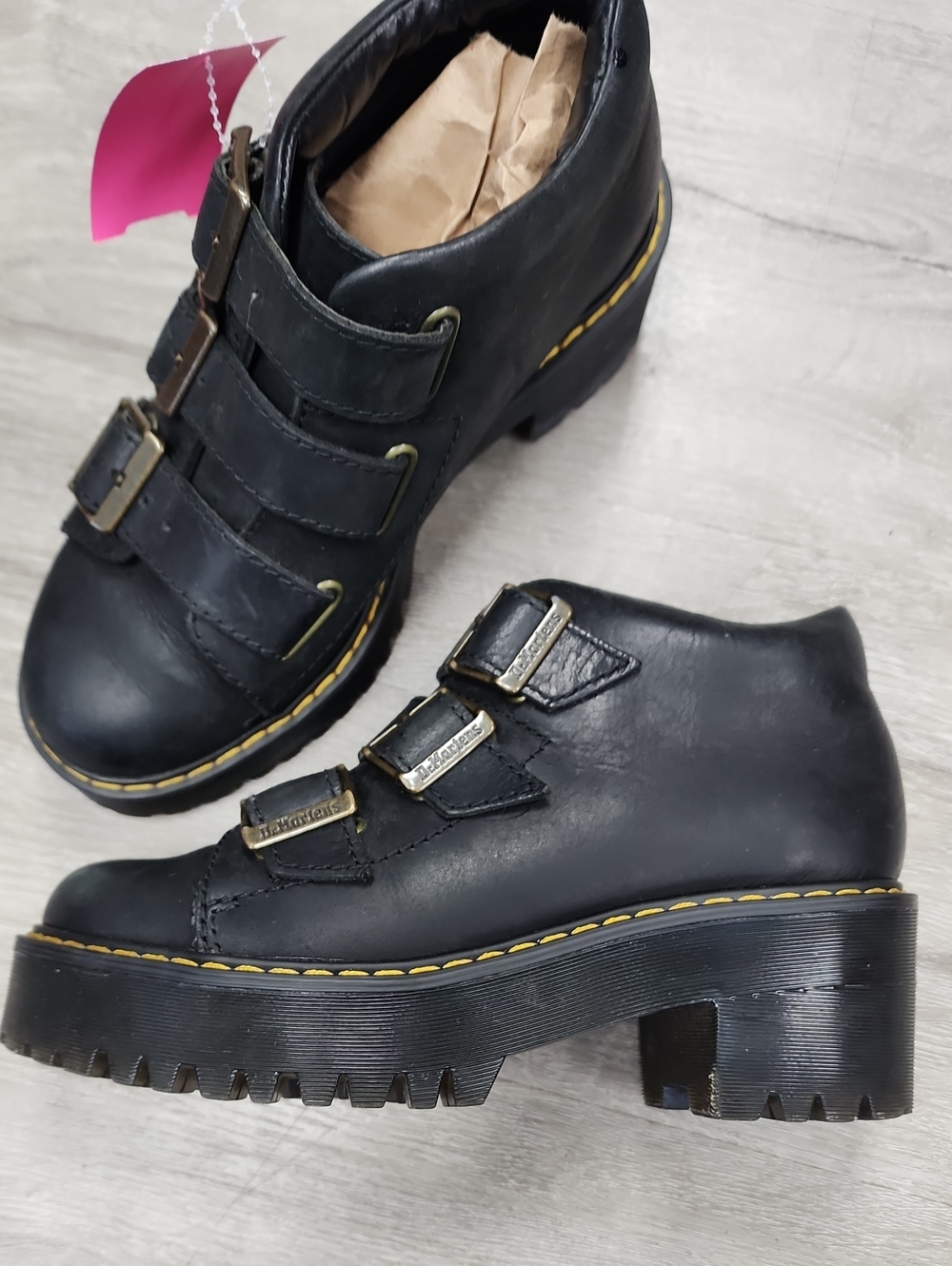 Dr. Martens Black Leather Triple-Buckle Platform Heeled Boots